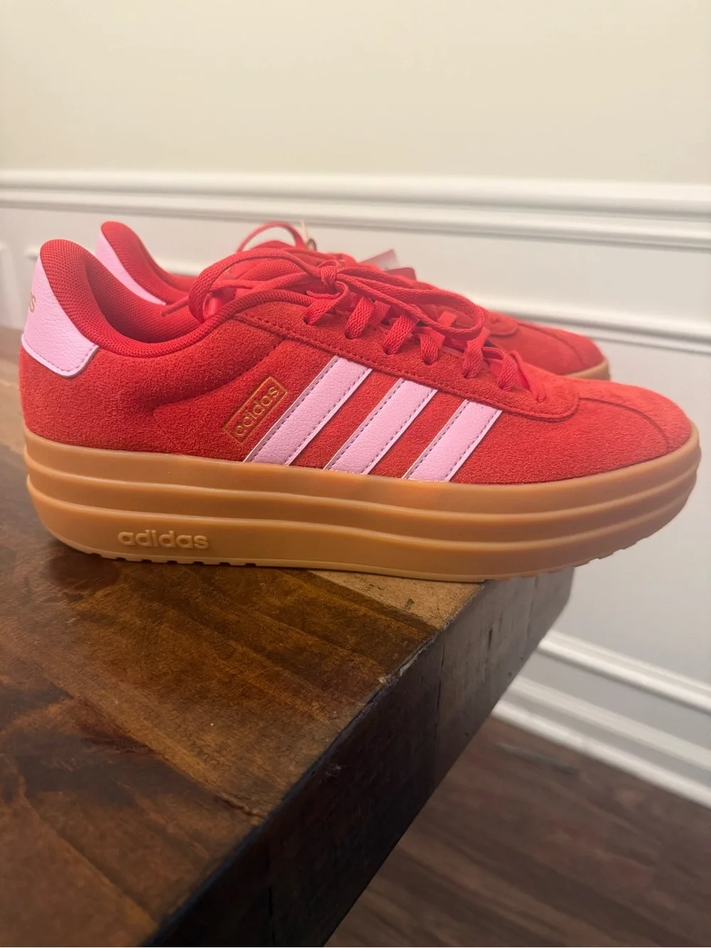 Red Suede Adidas VL Court Bold platform sneakers w gum sole